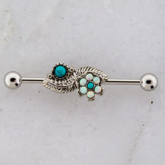 14G SYNTHETIC OPALS AND TURQUOSE STONE FLOWER AND LEAF INDUSTRIAL BARBELL