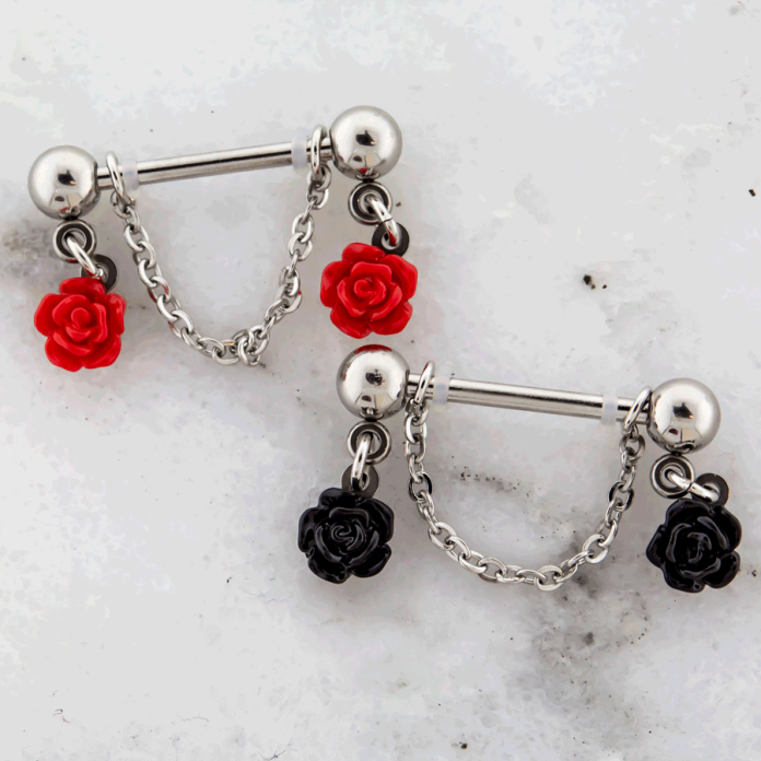  NIPPLE BARBELL WITH CHAINED ROSES