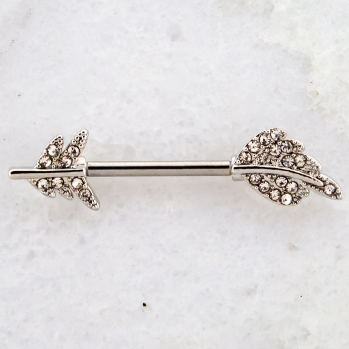 NIPPLE BARBELL WITH CLEAR GEM FEATHER