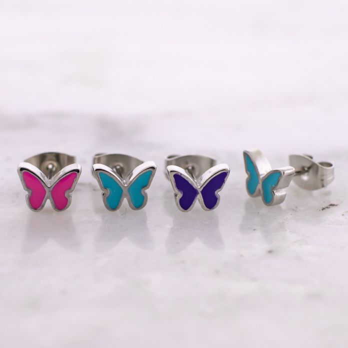 Steel Earring Studs w/ Enamel Butterfly