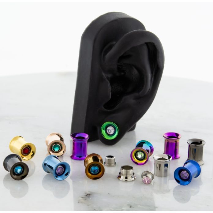Pair 0G Steel Internally Threaded Tunnel W/ Gem in the Middle