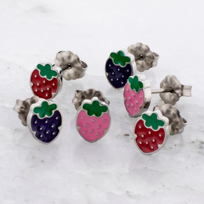 Titanium Stud Earring with Epoxy Strawberry