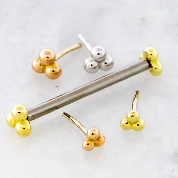 Threadless Titanium Barbell With 18k Gold Triple Bead Ends