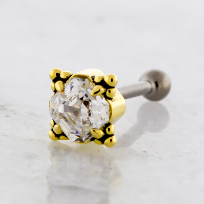 THREADLESS TITANIUM BARBELL WITH 18KT BEADED END IMPERIAL CUT GEM
