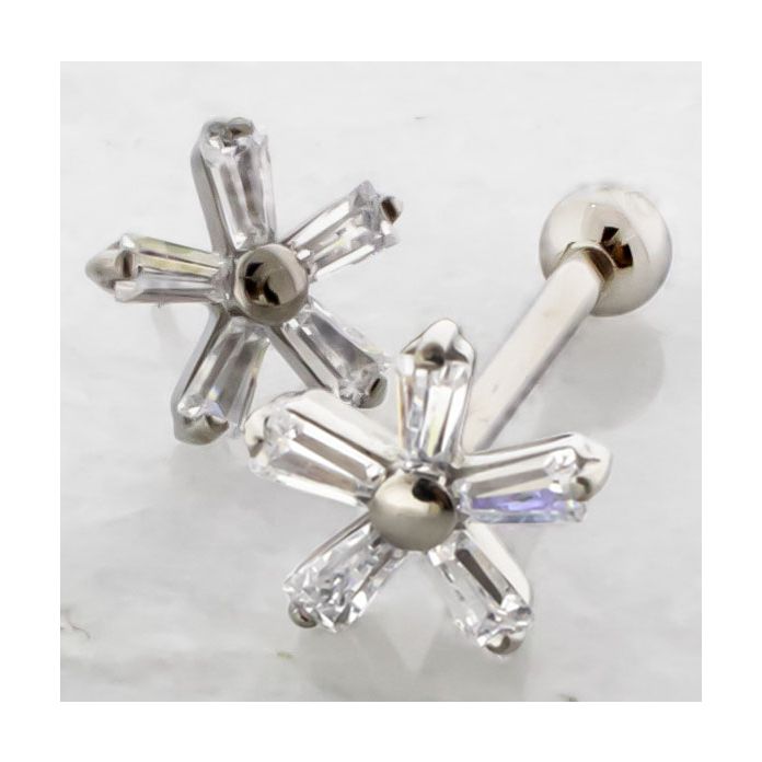 Titanium Threadless Barbell w/ Titanium Threadless 5 Baguette Flower End & Fixed Ball