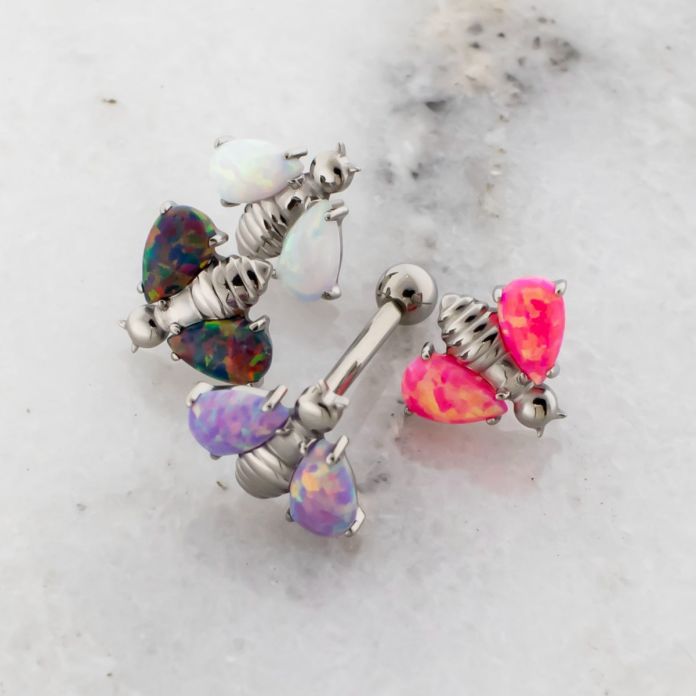 Titanium Threadless Straight Barbell With Bee And Opal Wings