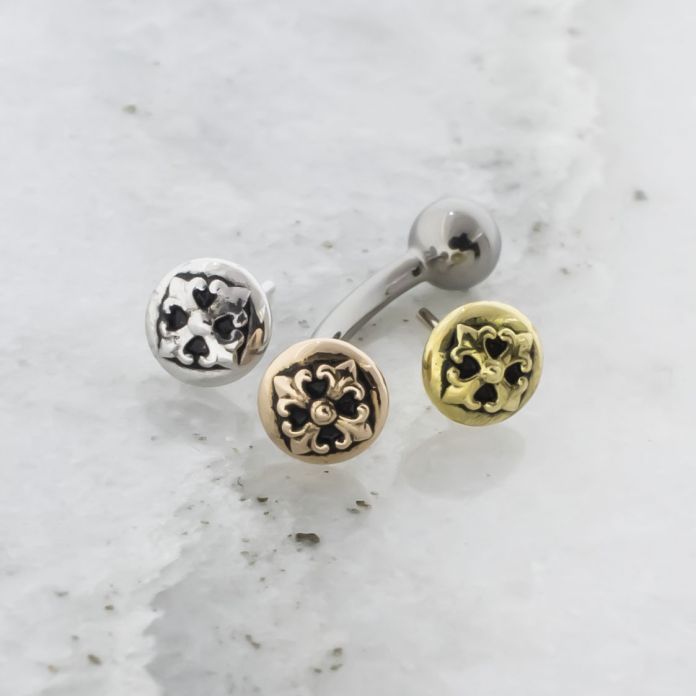 Threadless Titanium Curved Barbell With Fixed Ball With 18k Gold Fleur De Lis Ends