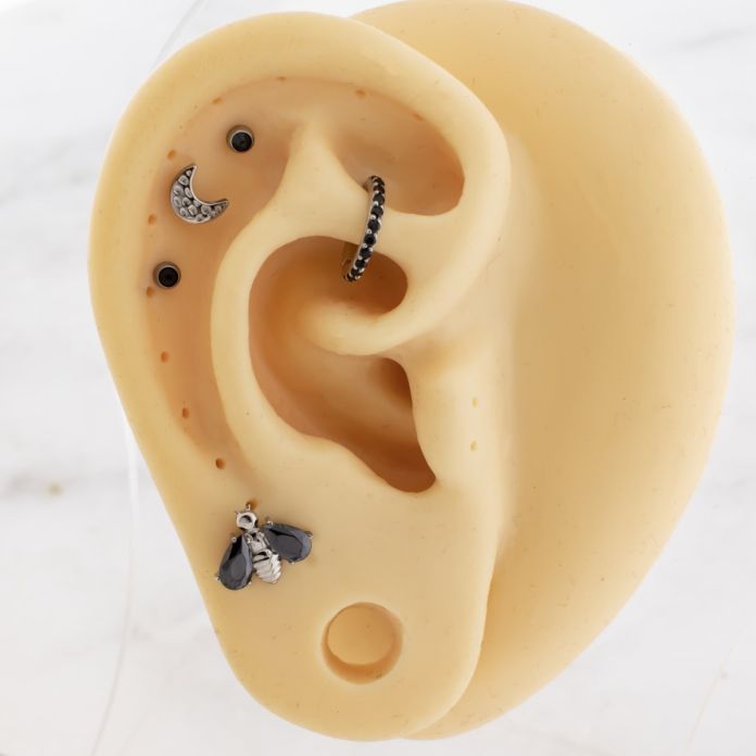 Titanium Threadless Ear Curation With Bee And Hammered Crescent Moon
