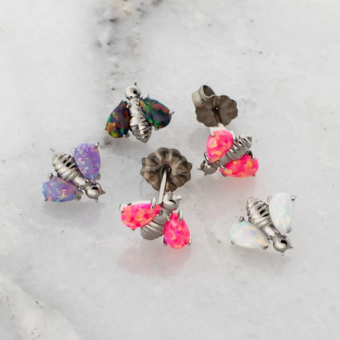 Titanium Threadless Earring Stud With Bee And Opal Wings