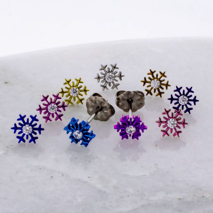 Titanium Threadless Earring Studs w/ Snowflake with Cubic Zirconia