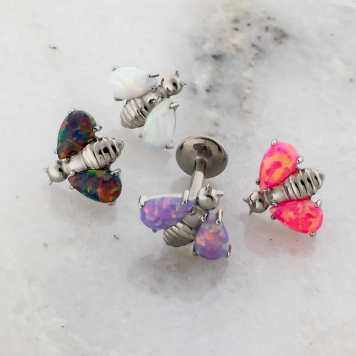 Titanium Threadless Labret With Bee And Opal Wings