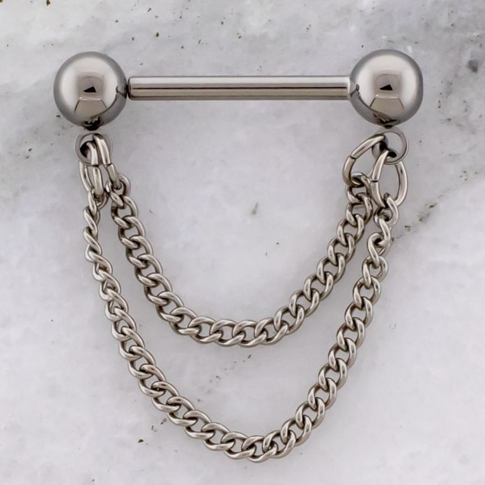 14G Titanium Threadless Nipple Barbell w/ Dangling Double Chain