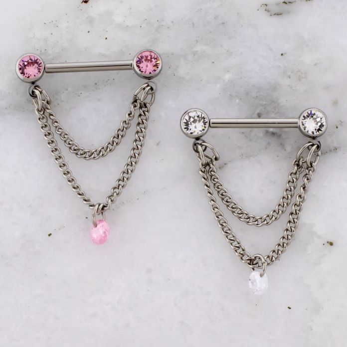 14G Titanium Threadless Nipple Barbell w/ Front Facing Gem Ball w/ Double Chain and Round Gem