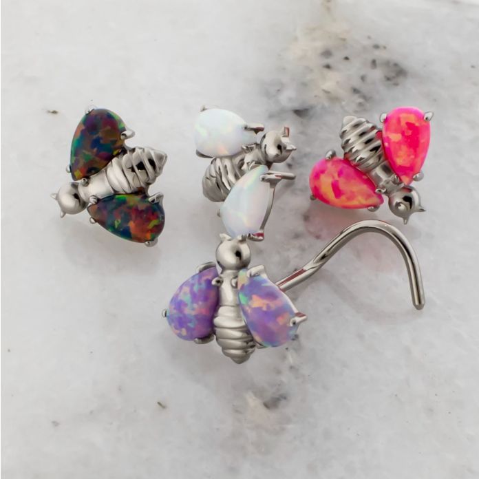 Titanium Threadless Nose Screw With Bee And Opal Wings
