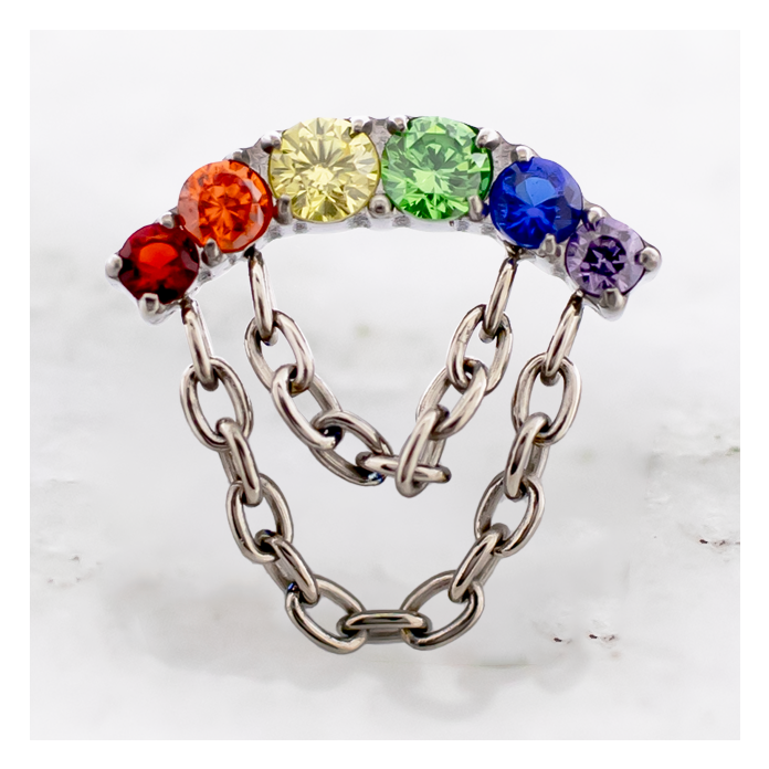 Titanium Threadless Rainbow Gem Crescent Shape with dangling chains