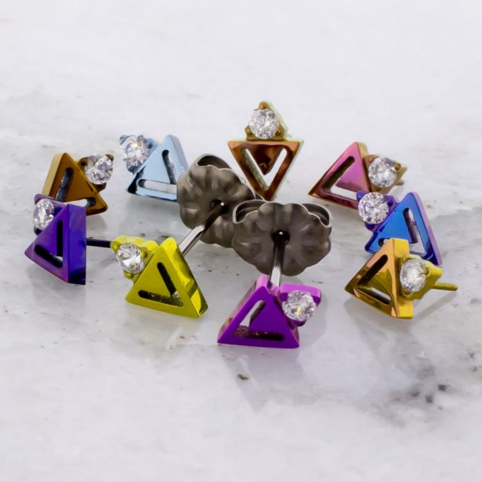 Titanium Threadless Earrings Studs with Geometric Triangle With CZ