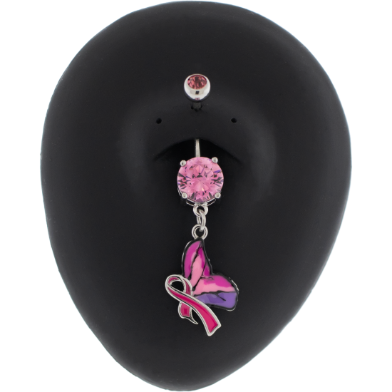 BREAST CANCER AWARENESS WITH PINK RIBBON AND BUTTERFLY NAVEL RING