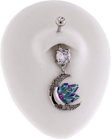 14G Navel Barbell w/ Floral Moon and Crystals