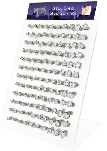 Steel Prong-Set Gem Earring Studs W/ Display