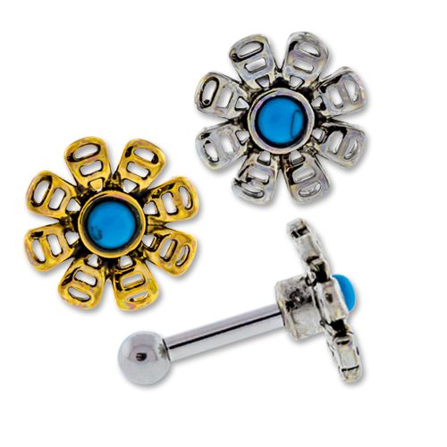 Gold PVD Ear Barbell w/ Turquoise Howlite Flower