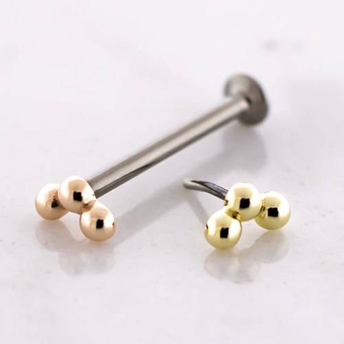 Titanium Threadless Labret Post With 14kt 3 Bead Cluster End