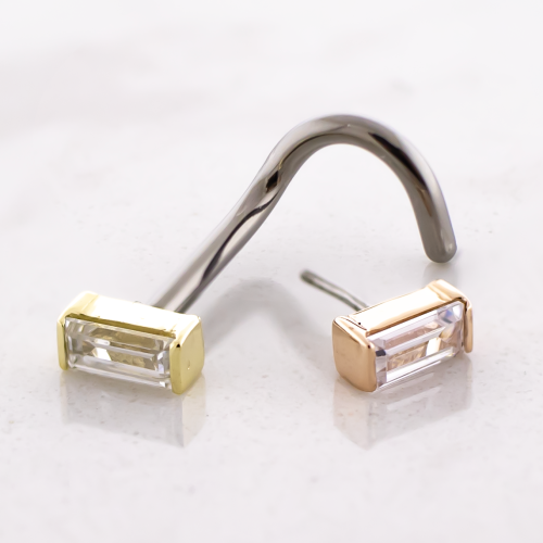 Titanium Threadless Nose Screw With 14kt Baguette Cut CZ End