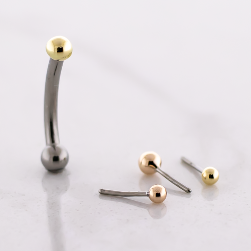 14G Titanium Threadless Curved Barbell With 14kt Ball End And Fixed Ball End