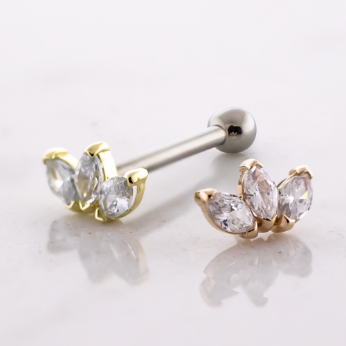 Titanium Threadless Barbell With 14kt Triple Marquise Cut CZ End And Fixed Ball End