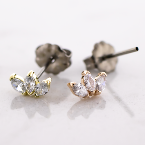 Titanium Threadless Earring Stud With 14kt Triple Marquise Cut CZ Ends