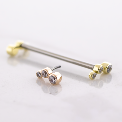 Threadless Titanium Barbell with 14kt 3 Round Cut Premium Zirconia