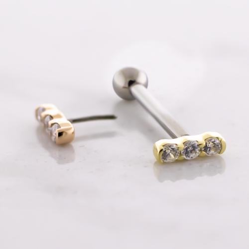 Titanium Threadless Barbell With 14kt CZ Vertical Cluster End And Fixed Ball End