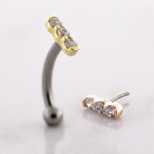 14G Titanium Threadless Curved Barbell With 14kt Vertical CZ Cluster & Fixed Ball End