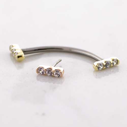 Titanium Threadless Curved Barbell With 14kt Vertical CZ Cluster Ends