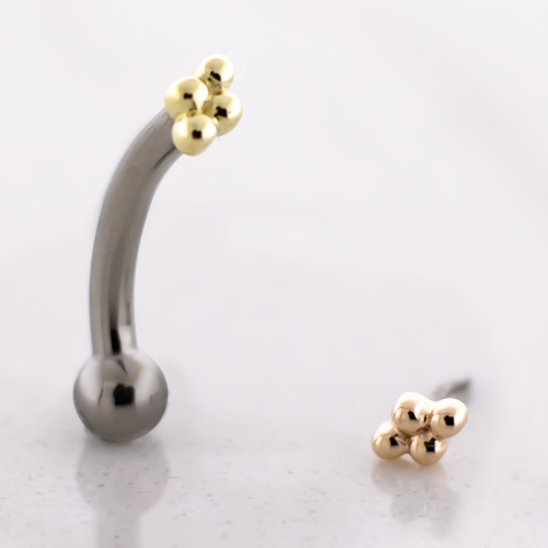 14G Titanium Threadless Curved Barbell With 14kt 4 Bead Cluster & Fixed Ball End