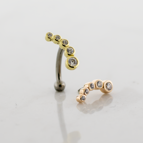 14G Titanium Threadless Curved Barbell With 14kt Curved Cascading CZ End & Fixed Ball End