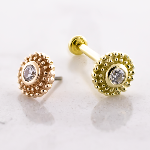 Gold Threadless Labret Post With 14kt Beaded CZ End