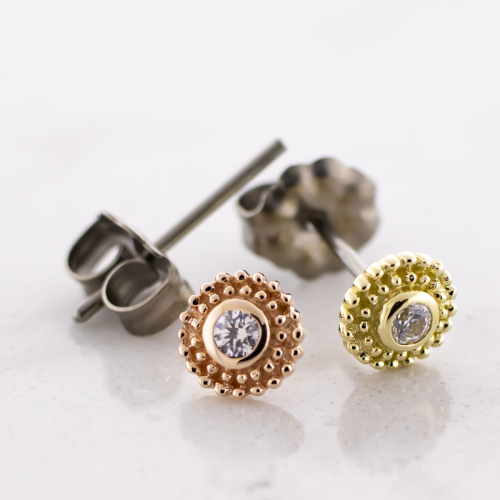 Titanium Threadless Earring Stud With 14kt Beaded CZ Ends