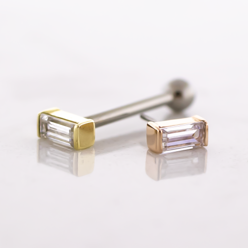 Titanium Threadless Barbell With 14kt Baguette CZ End And Fixed Ball End