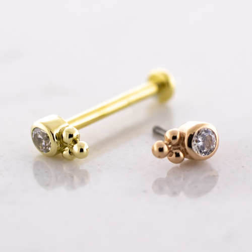 Threadless Gold Labret Post With 14kt Round CZ w/ Beaded End