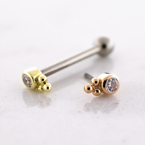 Titanium Threadless Barbell With 14kt Round CZ w/ Beaded End And FIxed Ball End