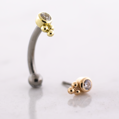 14G Titanium Threadless Curved Barbell With 14kt Round CZ Beaded End & Fixed Ball End