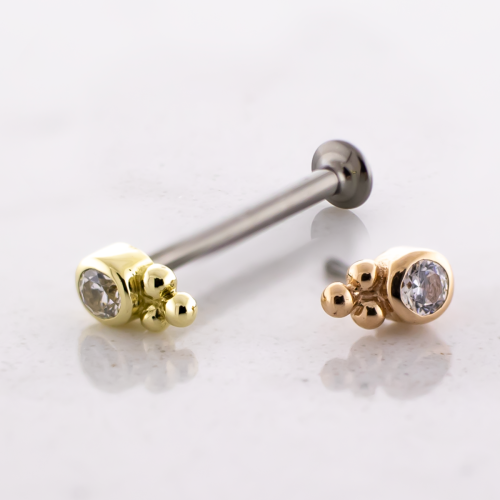 Titanium Threadless Labret Post With 14kt Round CZ w/ Beaded End