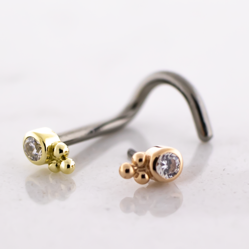 Titanium Threadless Nose Screw With 14kt Round CZ w/ Beaded End