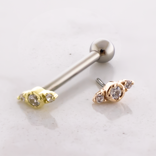 Titanium Threadless Barbell With 14kt Symmetrical CZ Trio End And FIxed Ball End