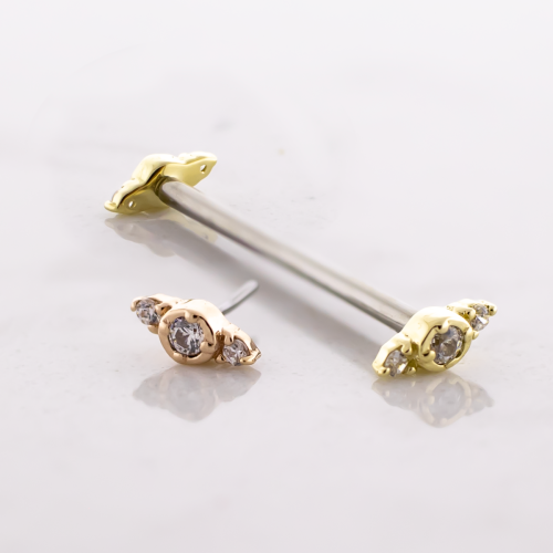 Titanium Threadless Barbell With 14kt Symmetrical CZ Trio Ends