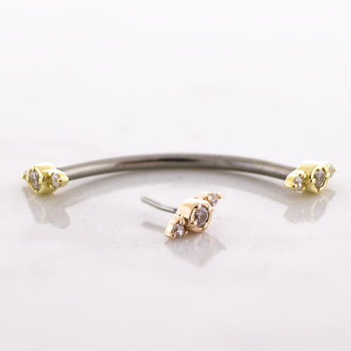 Titanium Threadless Curved Barbell With 14kt Symmetrical CZ Trio Ends