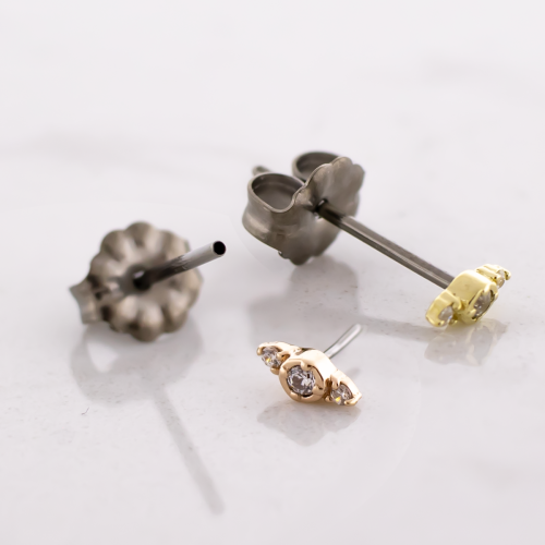 Titanium Threadless Earring Stud With 14kt Symmetrical CZ Trio