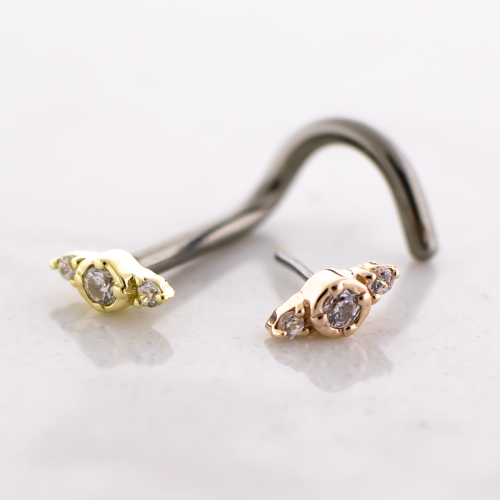 Titanium Threadless Nose Screw With 14kt Symmetrical CZ Trio End