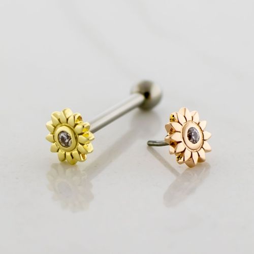 Titanium Threadless Barbell With 14kt Sunflower w/ CZ Center End and Fixed Ball End