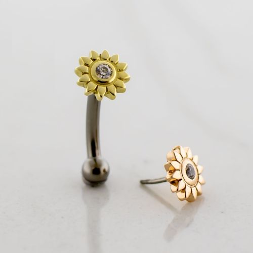 14G Titanium Threadless Curved Barbell With 14kt Sunflower CZ End And Fixed Ball End